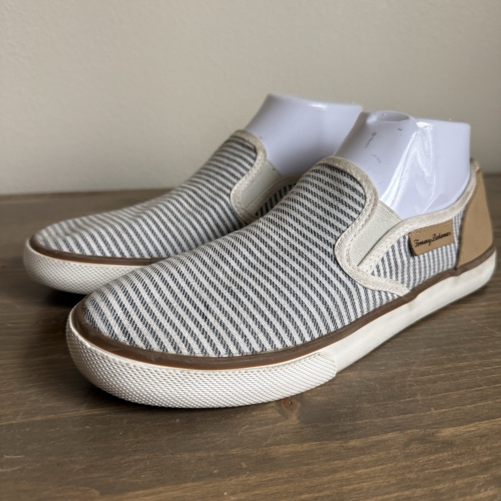 Tommy Bahama Womens 8.5 Grey White‎ Stripe Slip On Sneakers Shoes